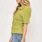 Avocado green Umgee smocked short sleeve blouse with ruffled collar