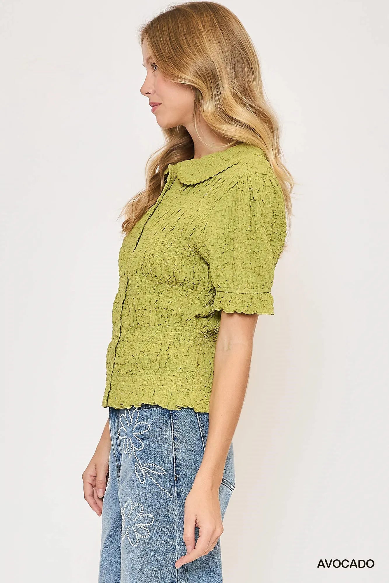 Avocado green Umgee smocked short sleeve blouse with ruffled collar