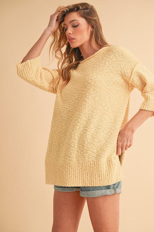 Aemi + Co Side Slit Ribbed Hem Round Neck Sweater Sweaters