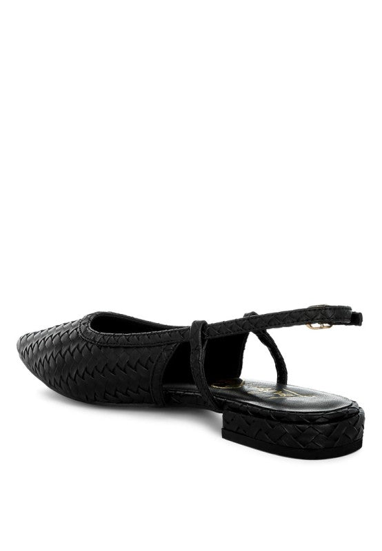 Black woven leather T-strap flat sandal with espadrille sole
