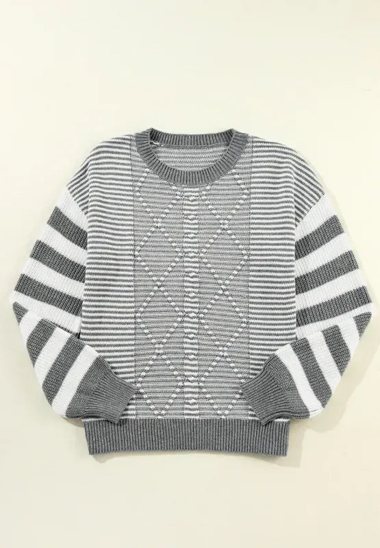 Striped Round Neck Dropped Shoulder Sweater - DAVERRI FASHIONS