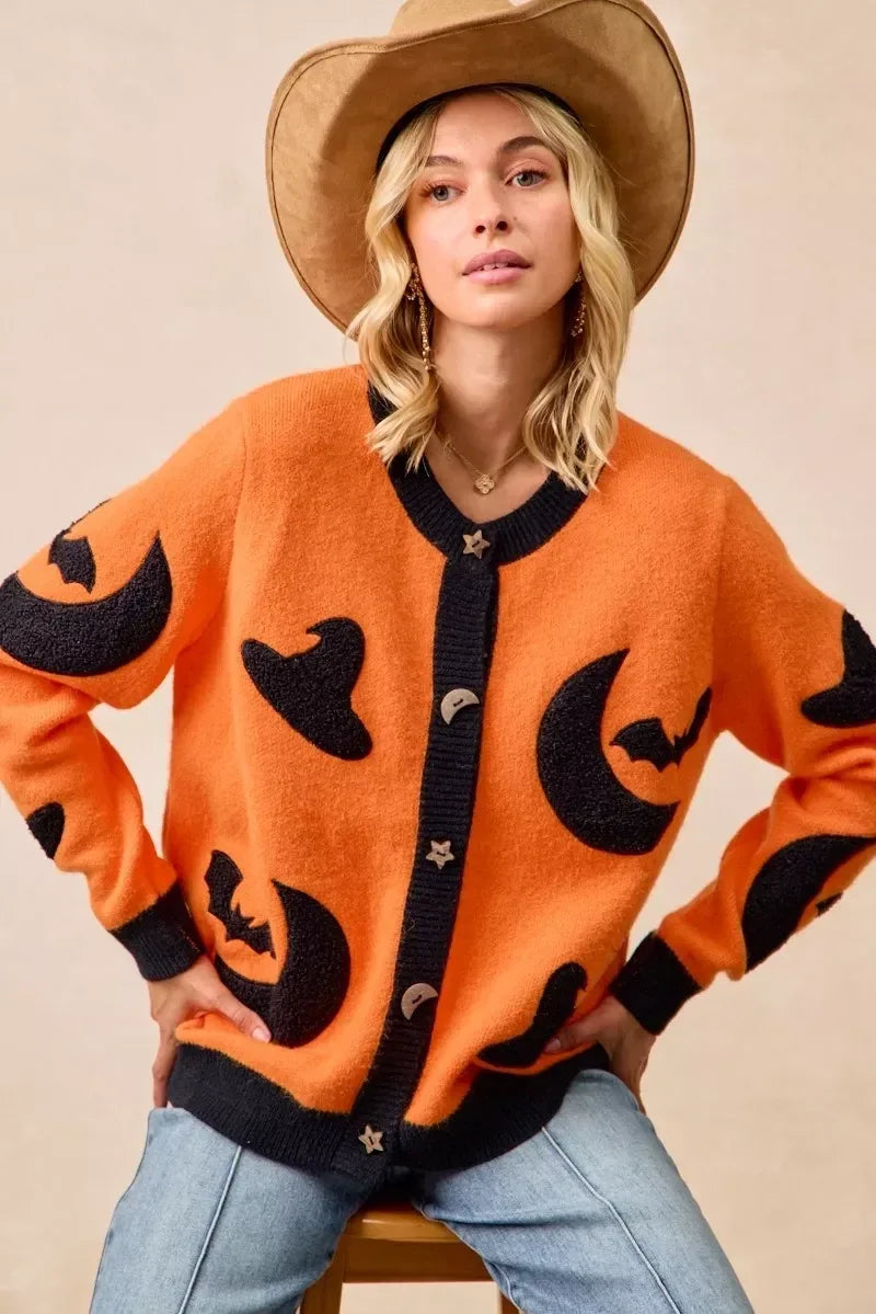 BiBi Halloween Witch Hat Moon Bat Artwork Cardigan - DAVERRI FASHIONS
