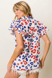 BiBi Leopard Notched Ruffled Cap Sleeve Blouse | Blouses Daverri Fashions