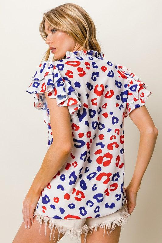 BiBi Leopard Notched Ruffled Cap Sleeve Blouse Blouses