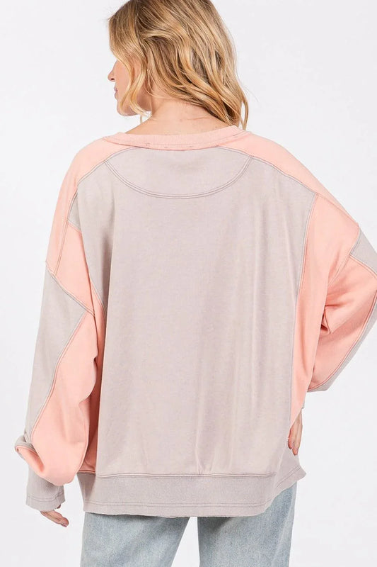SAGE + FIG Color Block Round Neck Sweatshirt - DAVERRI FASHIONS