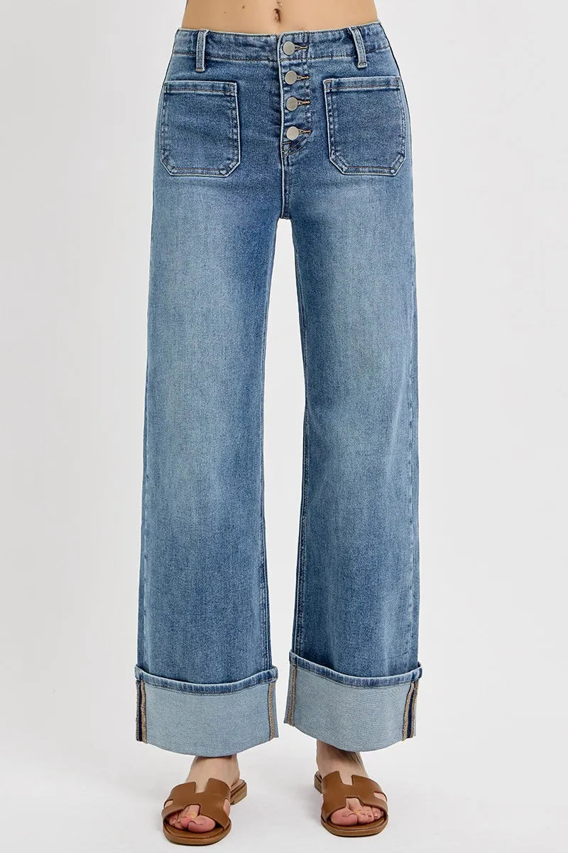 RISEN High Rise Ankle Wide Button Patch Pocket Cuffed Jeans | Jeans Daverri Fashions