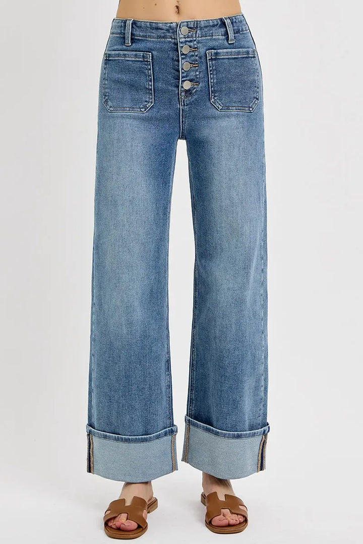 RISEN High Rise Ankle Wide Button Patch Pocket Cuffed Jeans | Jeans Daverri Fashions