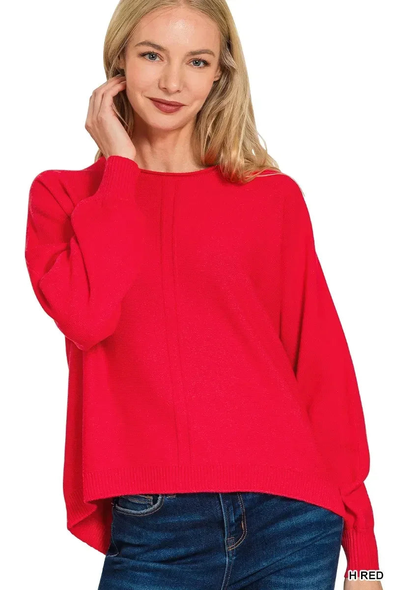 Zenana Viscose Front Seam Round-Neck Sweater - DAVERRI FASHIONS
