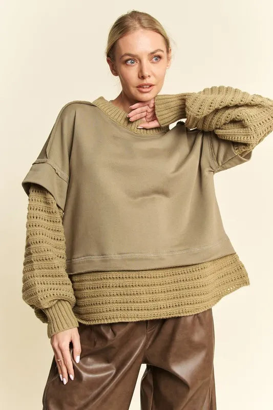 Davi & Dani olive green faux layered round neck knit sweater