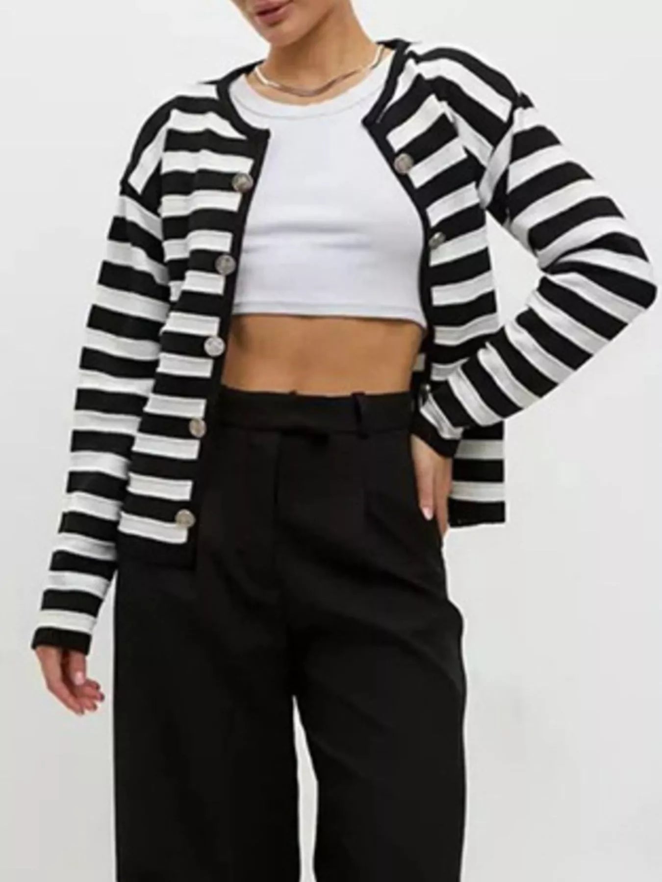 Daverri Fashions black and white striped knit cardigan with silver buttons