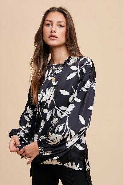 Annie Wear Frill Printed Balloon Sleeve Blouse - DAVERRI FASHIONS