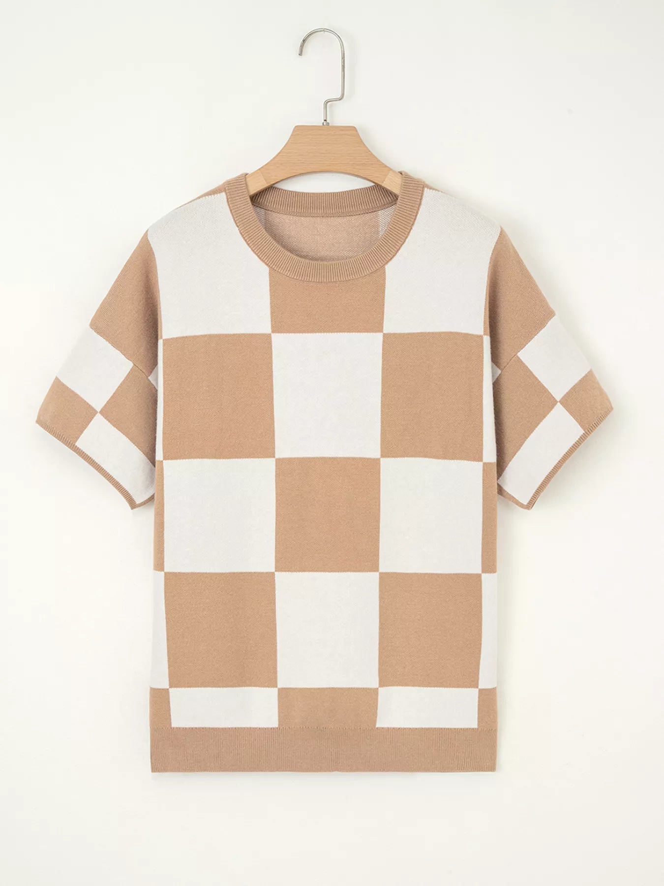 Beige white checkered loose drop shoulder half sleeve sweater on hanger