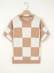 Beige white checkered loose drop shoulder half sleeve sweater on hanger