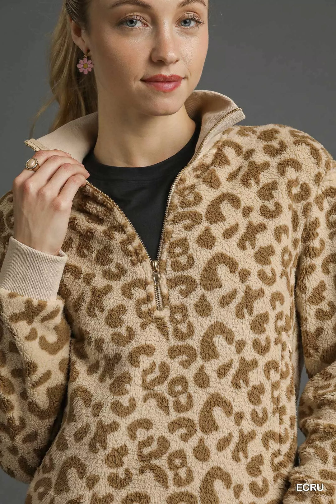 Umgee Leopard Print Quarter-Zip Sweatshirt | Sweatshirts Daverri Fashions