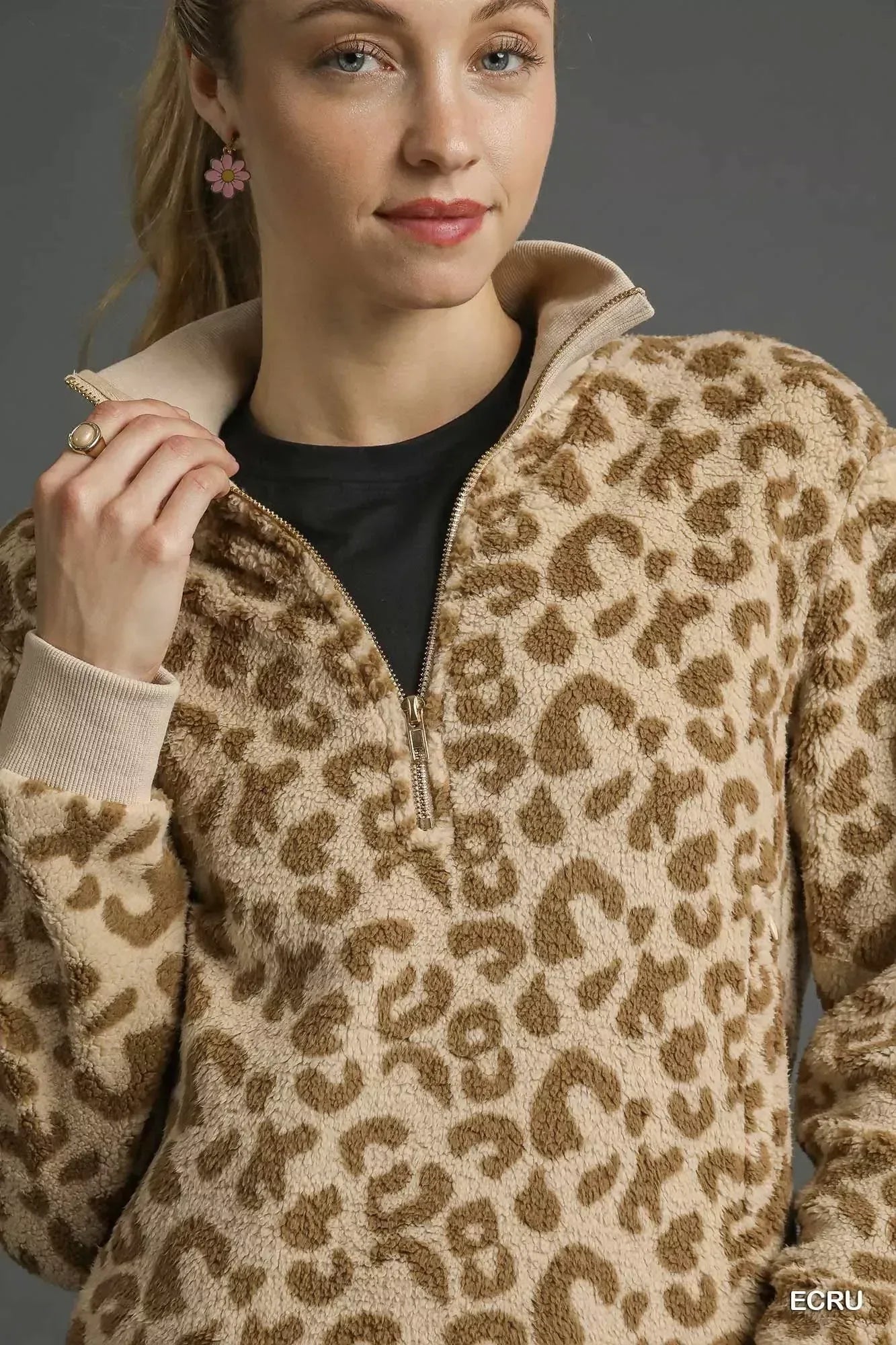 Umgee Leopard Print Quarter-Zip Sweatshirt - DAVERRI FASHIONS