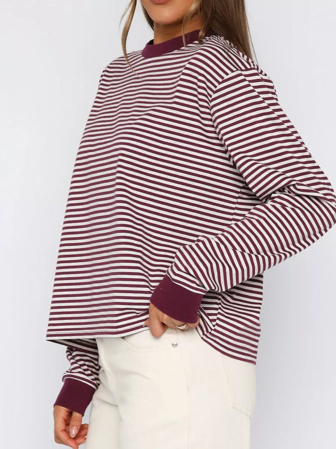 Striped Oversized Round Neck Sweatshirt | Sweatshirts Daverri Fashions