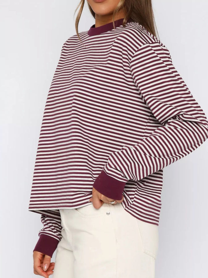 Striped Oversized Round Neck Sweatshirt | Sweatshirts Daverri Fashions
