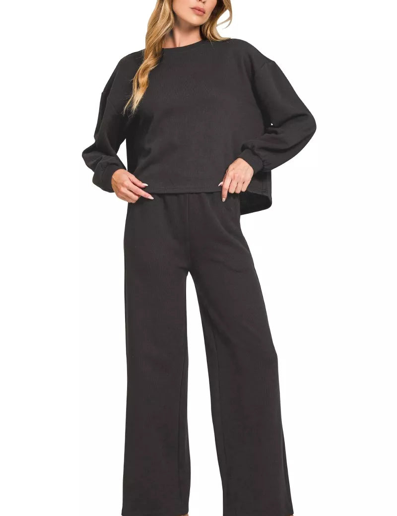 BLACK Zenana French Rib Pullover and Pants Set | Loungewear Sets Daverri Fashions