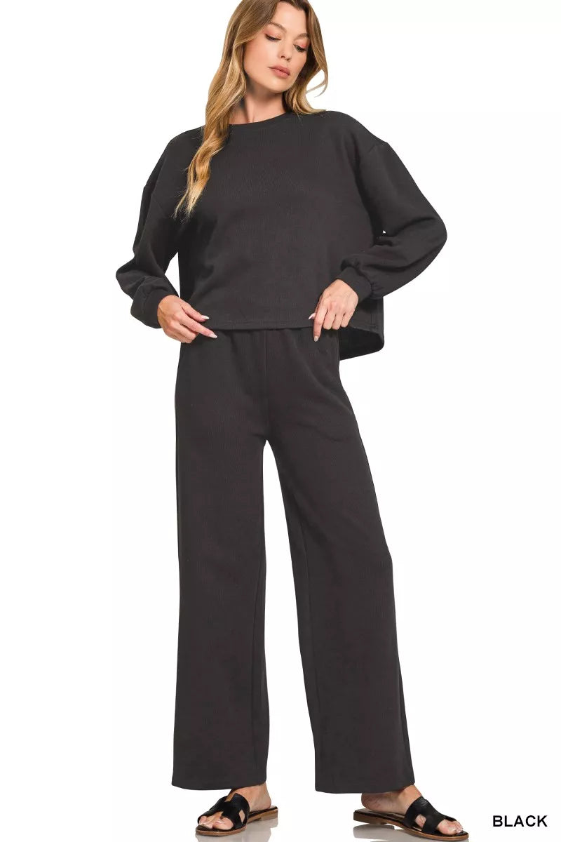 BLACK Zenana French Rib Pullover and Pants Set | Loungewear Sets Daverri Fashions