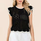Mittoshop Openwork Contrast Trim Ruffled Cap Sleeve Knit Top Tops