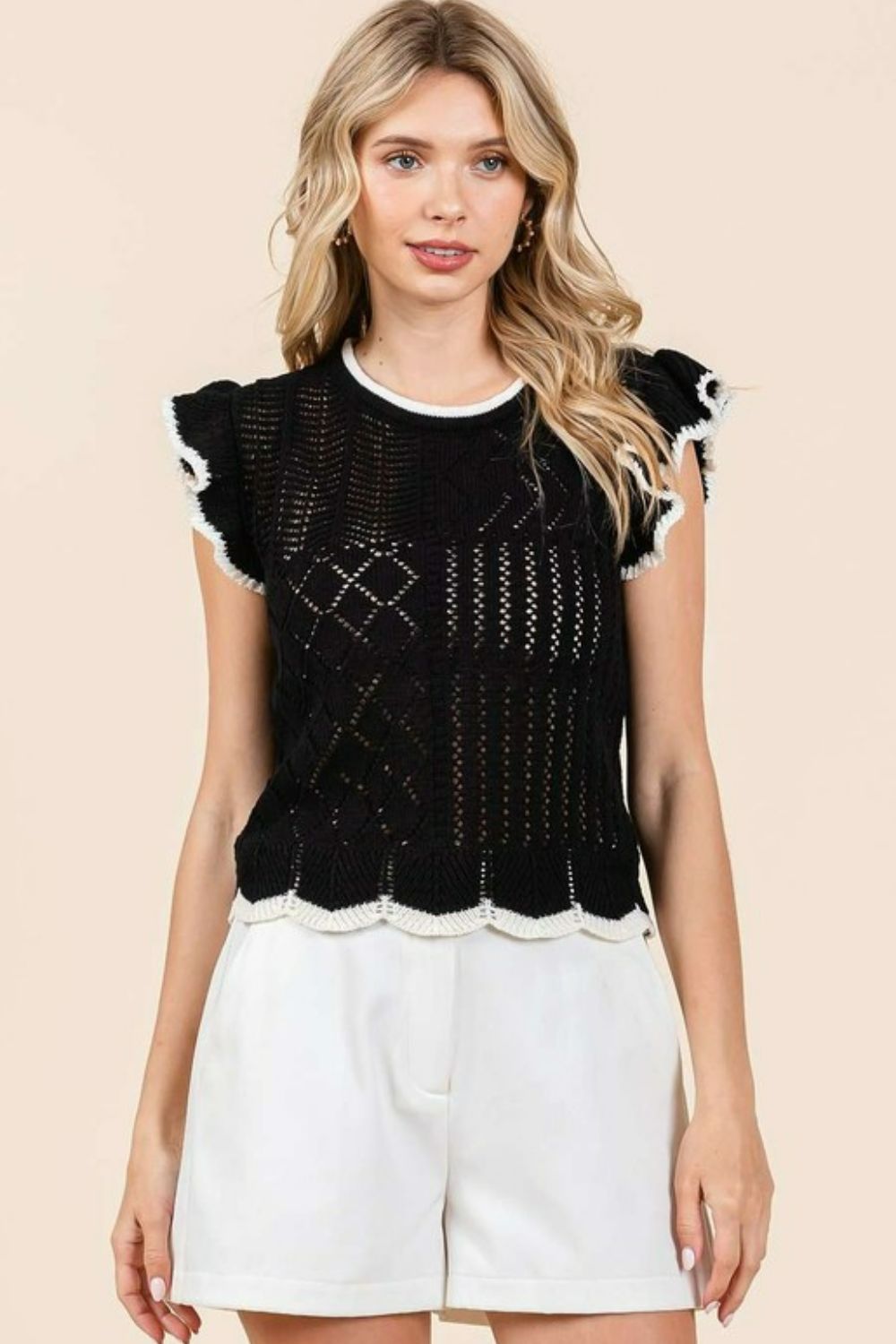 Mittoshop Openwork Contrast Trim Ruffled Cap Sleeve Knit Top Tops