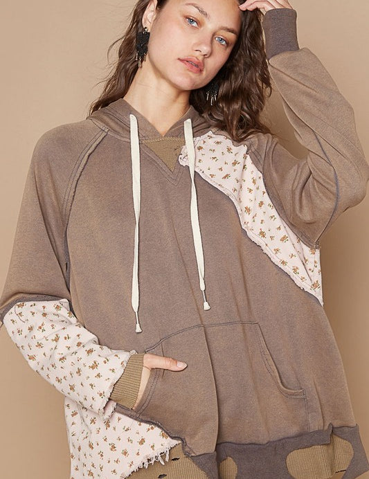 POL Floral Patchwork Distressed Drawstring Hoodie Mocha