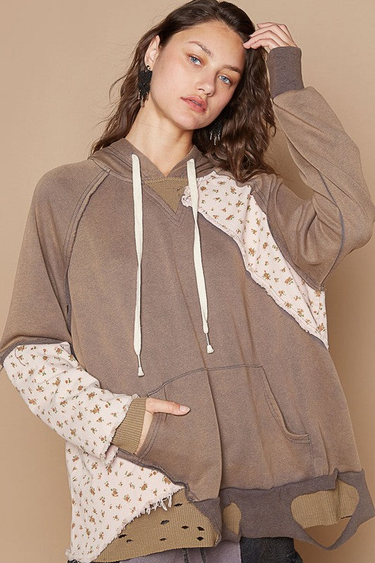 POL Floral Patchwork Distressed Drawstring Hoodie Mocha