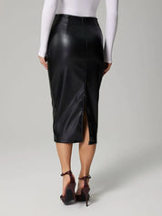 Faux Leather Slit Back Ruched Midi Skirt | Midi Skirts Daverri Fashions