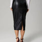Faux Leather Slit Back Ruched Midi Skirt - DAVERRI FASHIONS