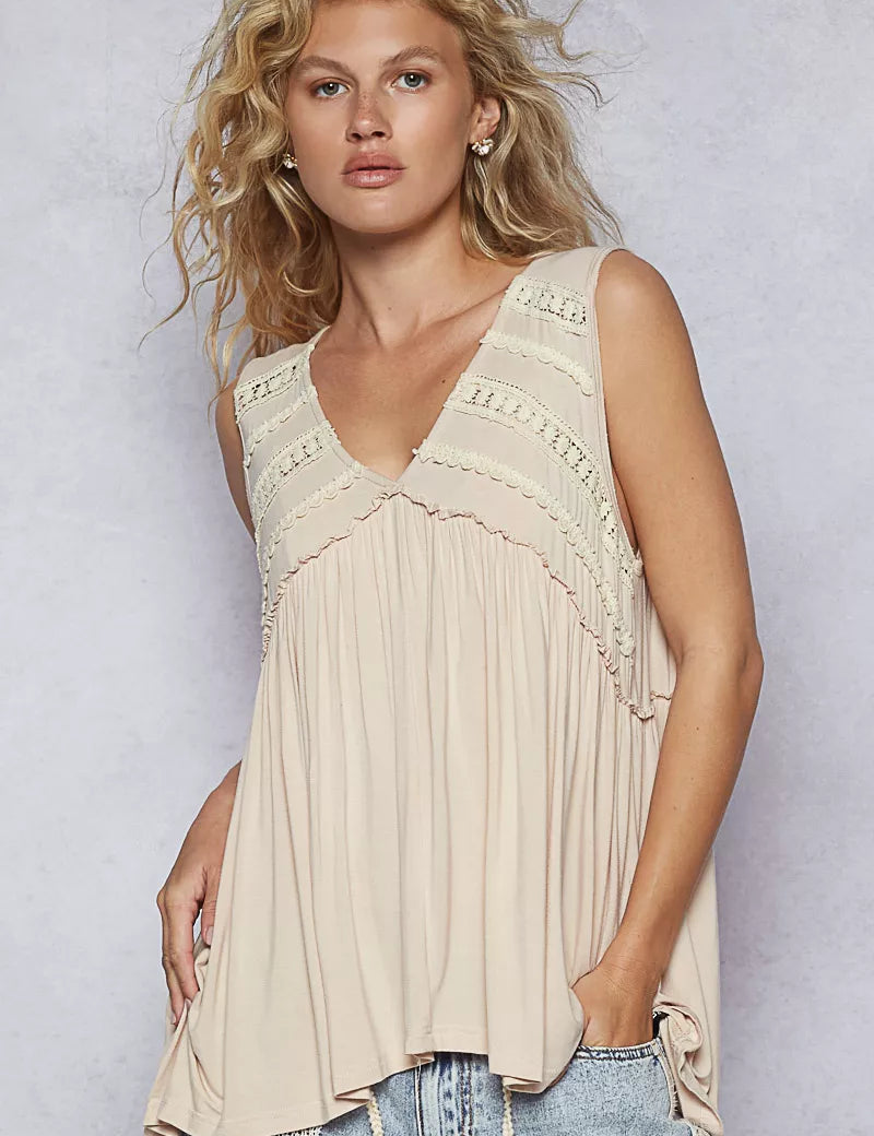 ALMOND POL Lace Trim Babydoll Sleeveless Top with Ruffled and Raw Edge Detail | Tops Daverri Fashions