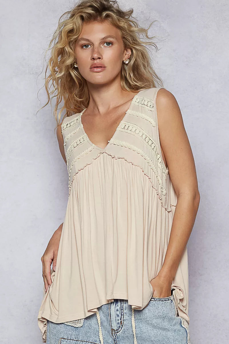 ALMOND POL Lace Trim Babydoll Sleeveless Top with Ruffled and Raw Edge Detail | Tops Daverri Fashions