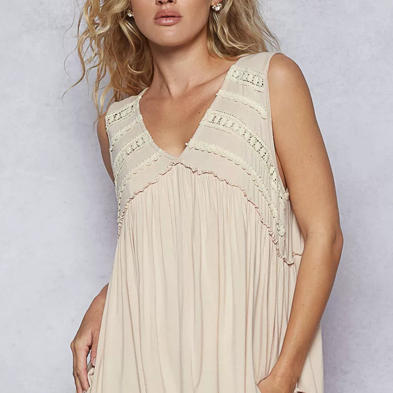 ALMOND POL Lace Trim Babydoll Sleeveless Top with Ruffled and Raw Edge Detail | Tops Daverri Fashions