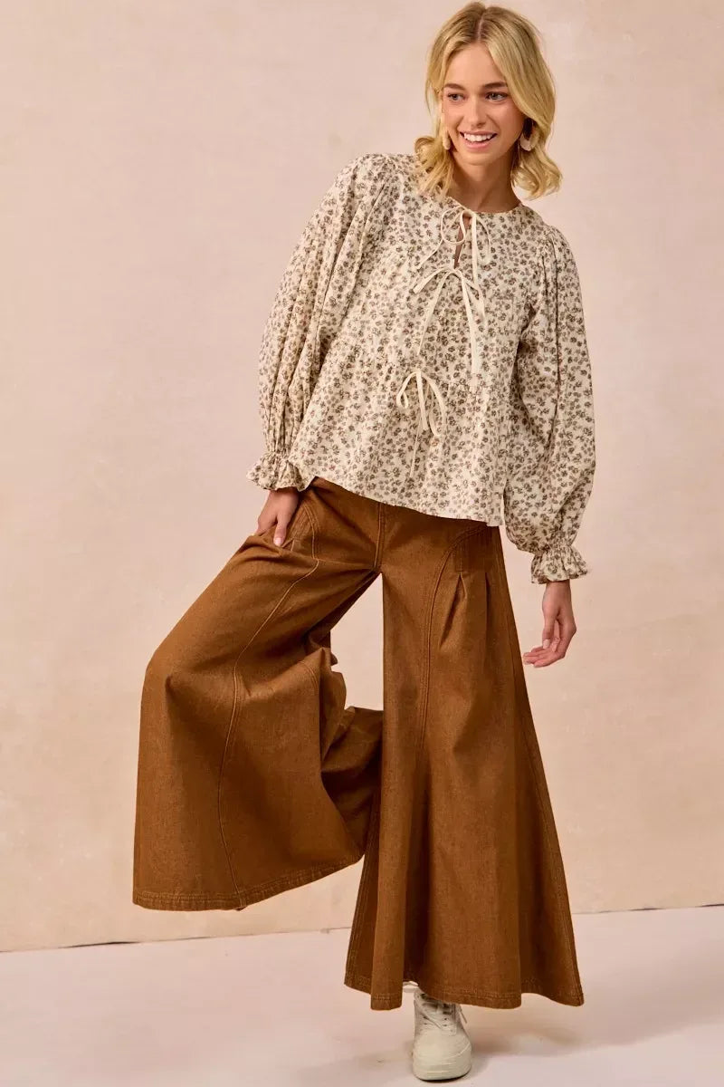 BiBi Floral Printed Peplum Blouse with Shirring and Tied - DAVERRI FASHIONS