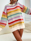 Rainbow Striped Drop Shoulder Oversized Sweater - DAVERRI FASHIONS
