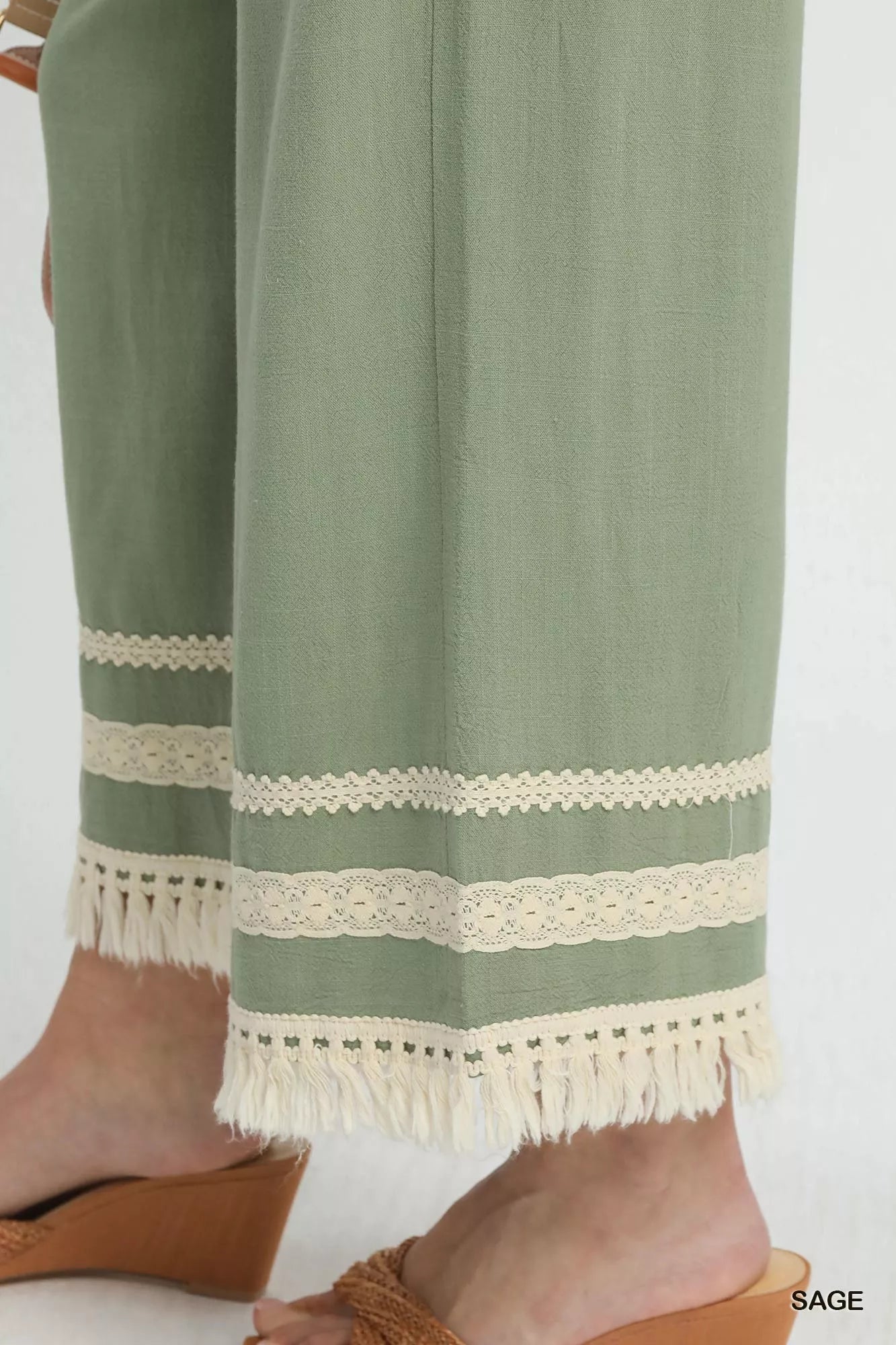 Sage green Umgee lace trim fringe hem linen cotton wide-leg pants