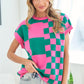 Checkered Drop Shoulder Knit Top Tops