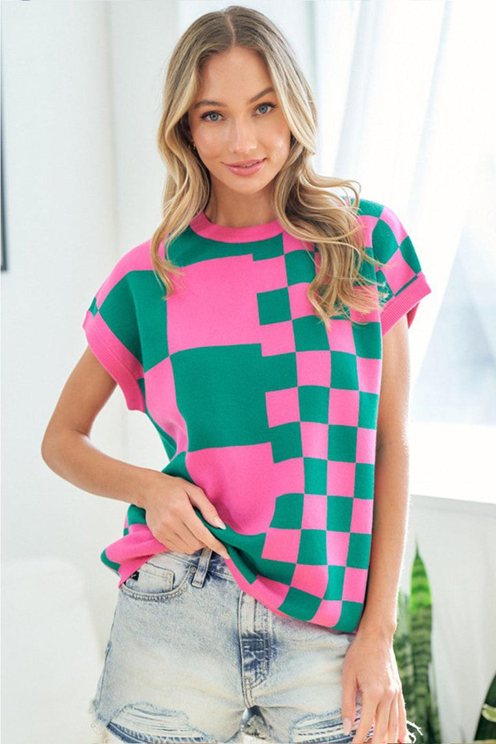 Checkered Drop Shoulder Knit Top Shirts & Tops