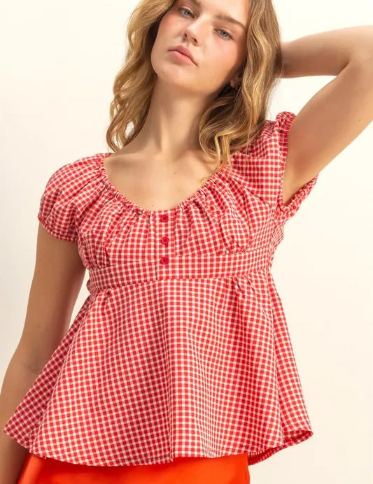 RED L HYFVE Gingham Scoop Neck Cap Sleeve Blouse | Daverri Fashions