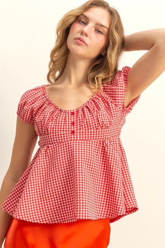 HYFVE Gingham Scoop Neck Cap Sleeve Blouse RED L