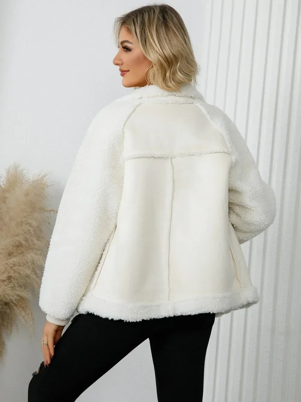 Pocketed Sherpa Zip Up Long Sleeve Jacket - DAVERRI FASHIONS