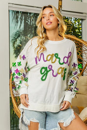 BiBi Fleur De Lis Sleeve Mardi Gras Pullover | Daverri Fashions