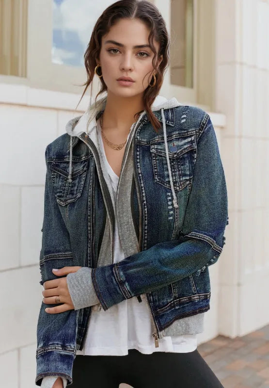 Faux Two-Piece Hooded Zip-Up Denim Jacket | Denim Jackets Daverri Fashions