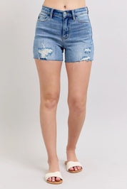 Judy Blue Full Size High Waist Denim Shorts W/stitch Over Destroy Detail Plus Size | Denim Shorts Daverri Fashions