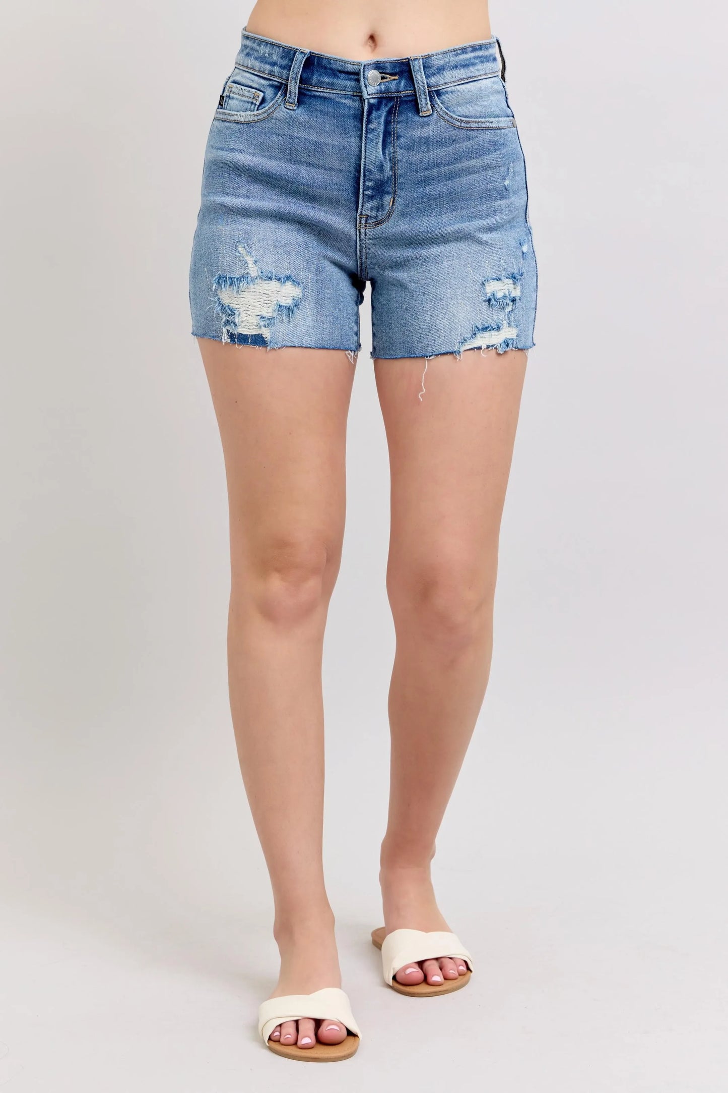 Judy Blue Full Size High Waist Denim Shorts W/stitch Over Destroy Detail Plus Size Denim Shorts