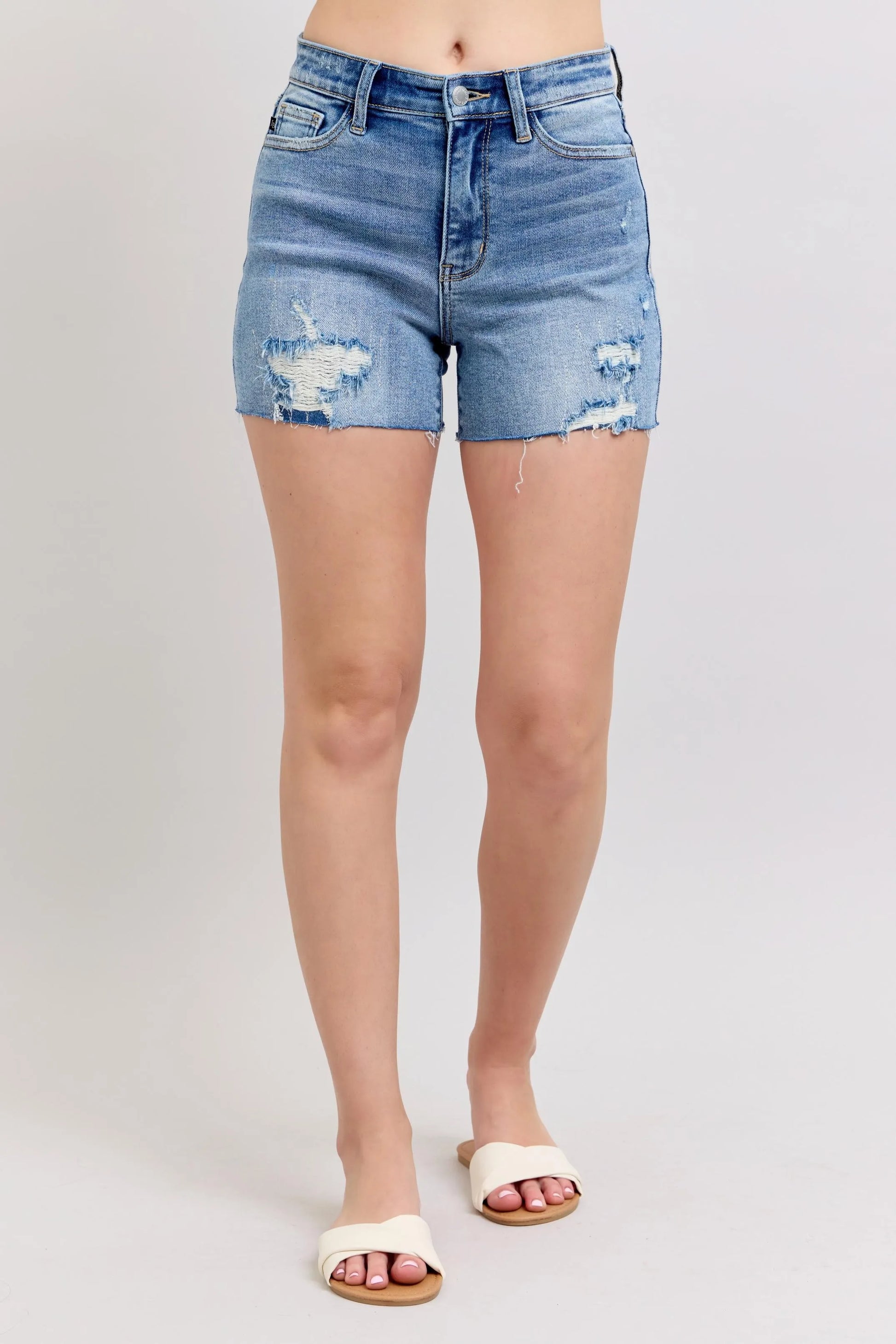 Judy Blue Full Size High Waist Denim Shorts W/stitch Over Destroy Detail Plus Size Denim Shorts