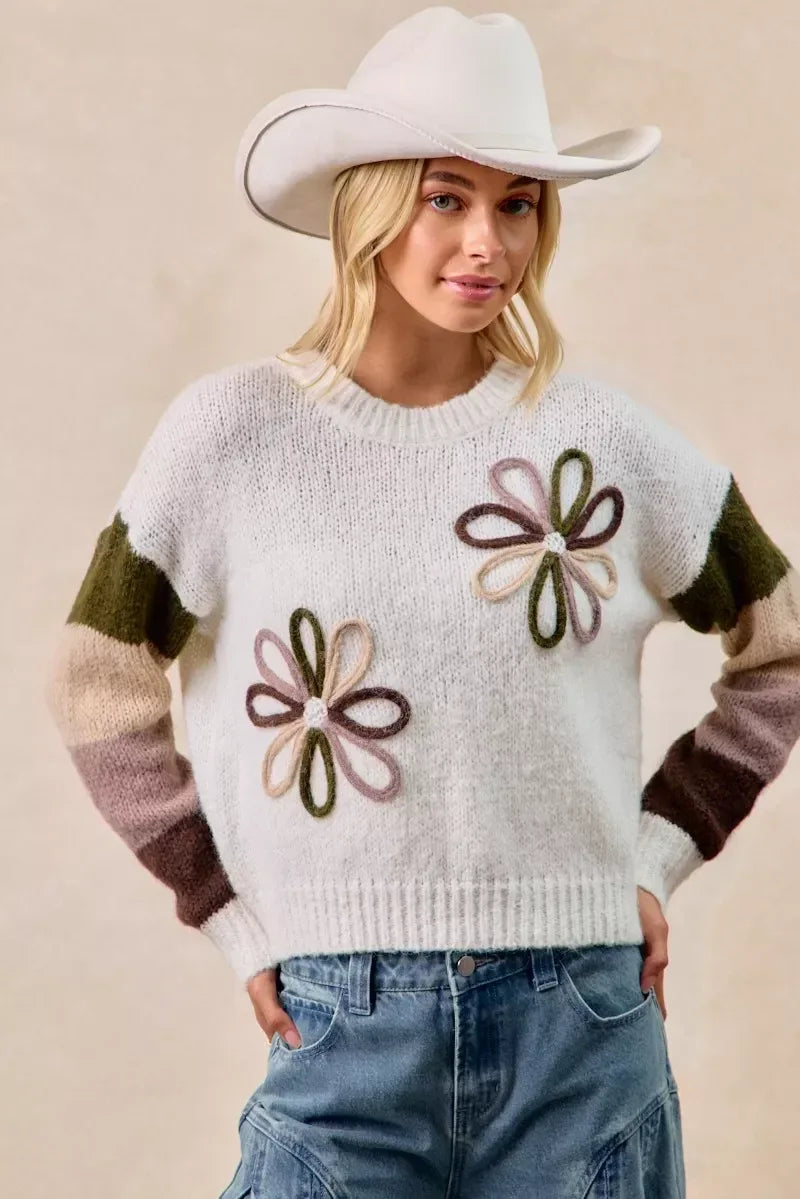 BiBi Flower Color Block Sweater - DAVERRI FASHIONS