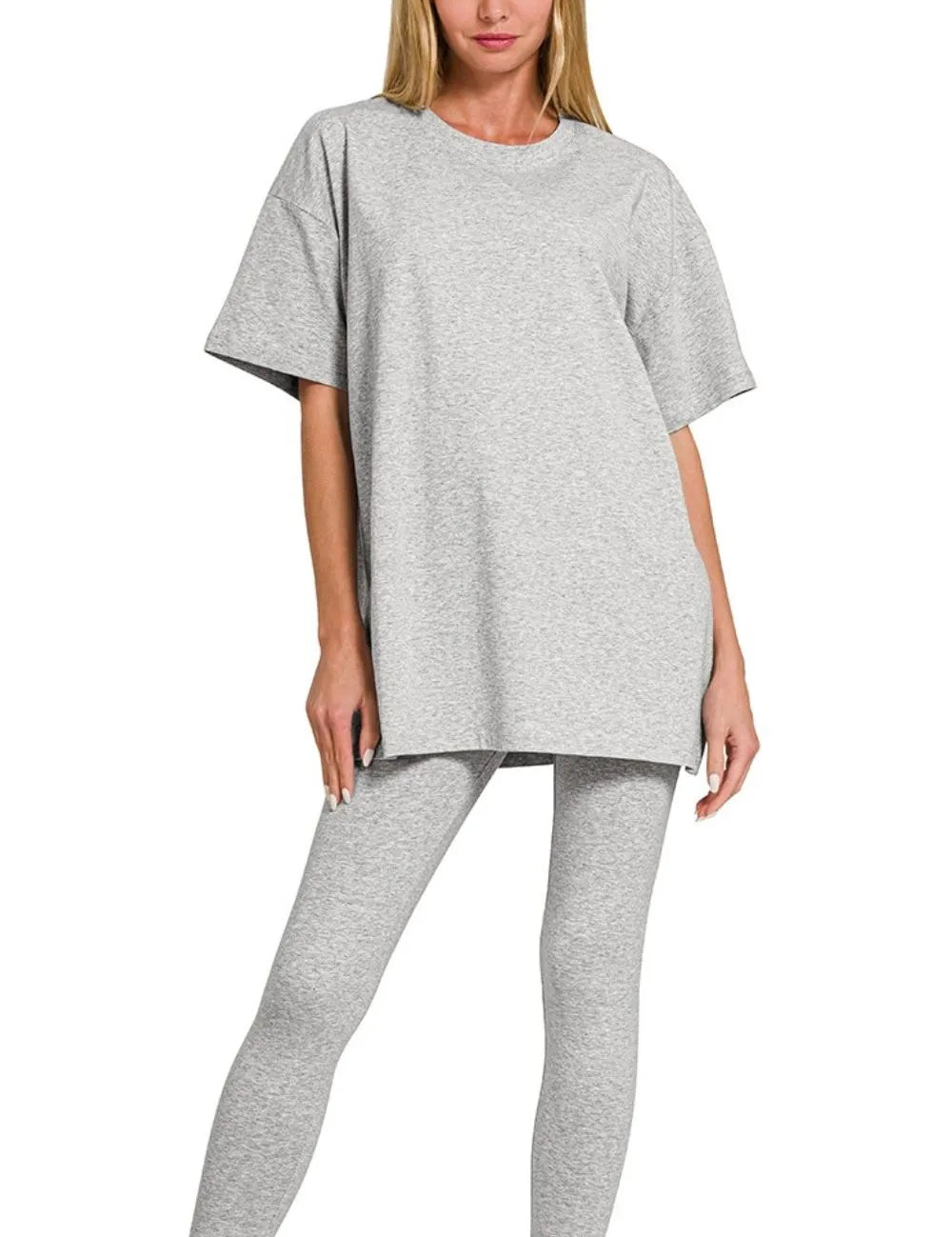 H GREY Zenana Cotton Round Neck Top & Legging Set | Outfit Sets Daverri Fashions