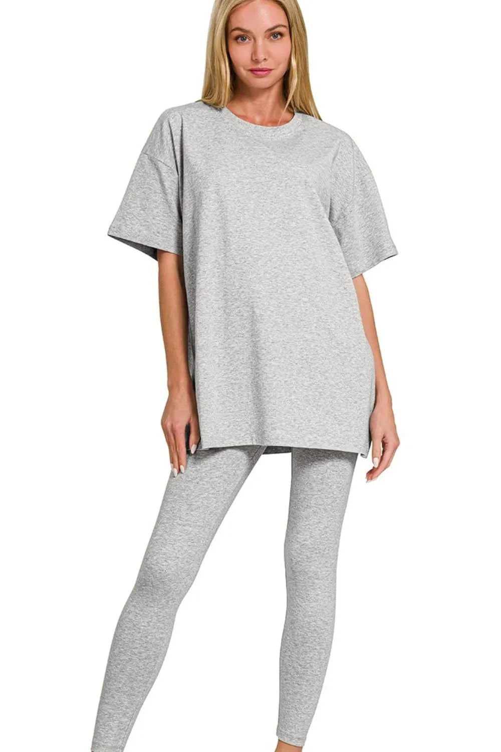 Zenana Cotton Round Neck Top & Legging Set H GREY Outfit Sets
