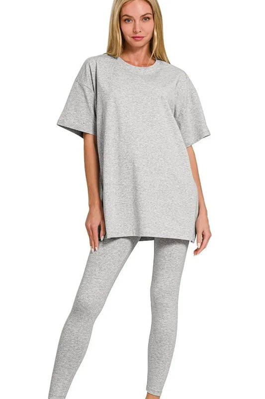 Zenana Cotton Round Neck Top & Legging Set - DAVERRI FASHIONS