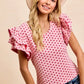 BiBi pink polka-dot heart patterned knit ruffled sleeves blouse